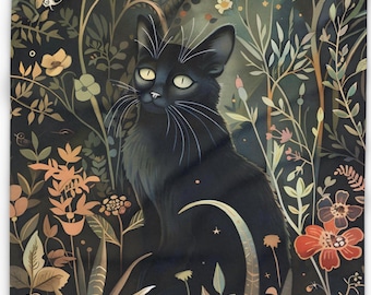 May include: A black cat with yellow eyes sits amidst a colorful array of flowers and foliage. The artwork features a dark background with various shades of green, orange, and red, creating a whimsical and enchanting scene.