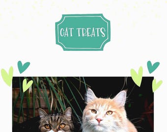 May include: Two cats, one brown tabby with white markings and one orange tabby with white markings, are looking at the camera. The cats are in a dark green leafy background. The image is titled "Whiskerlicious Easy Tasty Recipes for Your Favorite Feline" with a teal rectangle that says "Cat Treats".