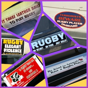 Grußkarte ist eine Collage aus RUGBY-Autoaufklebern.  Fotografiert 1975-2002.  "Vorgeschlagene Geburtstags""Punschlinien"" sind enthalten."  13x21 cm