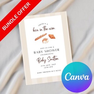 Pacchetto di inviti per baby shower "Bun in the Oven" / Modello Canva neutro per baby shower / Download digitale modificabile / Set di inviti stampabili