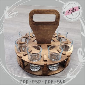 Minibar likeurkrans rondel carrousel laser SVG PDF EPS Cdr bar accessoires voor shotglaasjes herentas glazendrager serveerhulp likeur