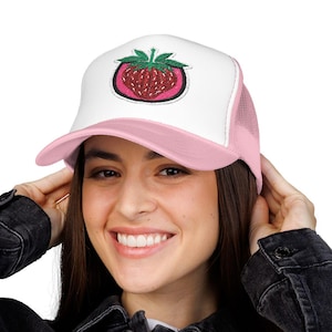 Strawberry Patch Trucker Hat: Embroidered Red Baseball Cap, Summer Festival Style
