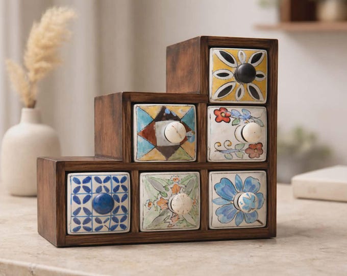 Mini Chest Hand Carved Mango Wood, 6 Ceramic Drawers 3+2+1