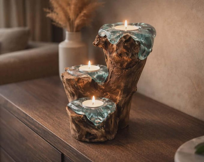 Molten Glass Candle triple Holder on Wood