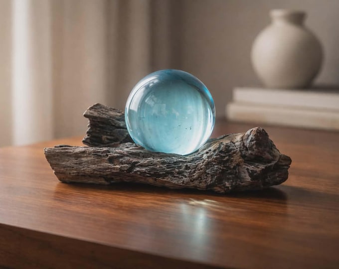 Recycled glass ball on Gamal Wood Sculpture, fair trade