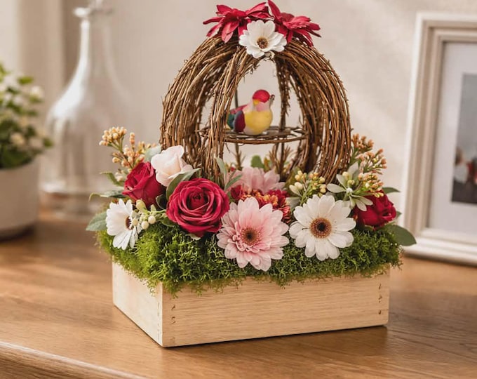 Artificial Flower Arrangement with Bird Dome, Moss Box Centerpiece