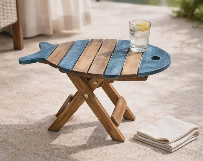 Folding Quirky Painted Wood Fish Side / Picnic Table