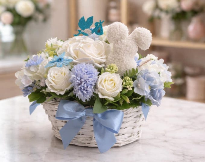 Blue & White Artificial Flower Basket, Teddy Bear, It's a Boy Sign