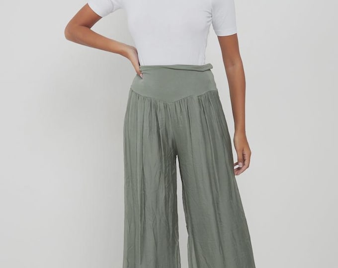 Italian Ladies Plain Wide Leg Silk Palazzo Trouser FS