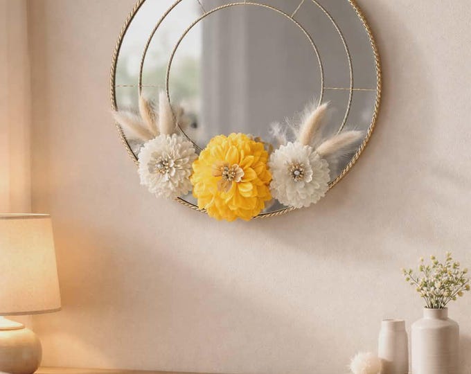 Mirror with yellow, cream flowers with bling.