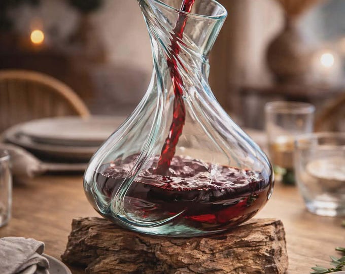 Molten Glass Fancy Mini Decanter on Wood 24cm Fair Trade.
