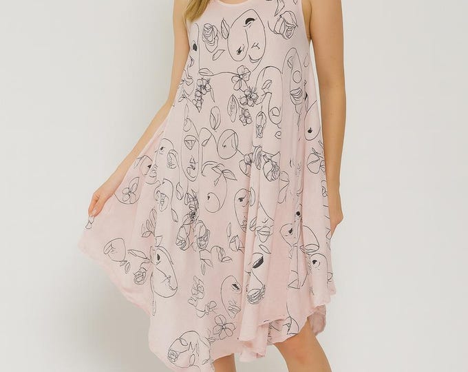 Abstract Face Print Sleeveless Asymmetric Hem Dress FS