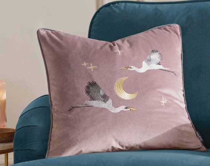 Moonlit Flight Embroidered Velvet Cushion Dusty Pink