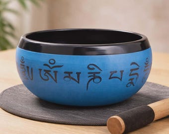 Ciotola tibetana in polvere di terra - Mantra blu dei cinque Buddha - 16 cm, più di un semplice strumento.