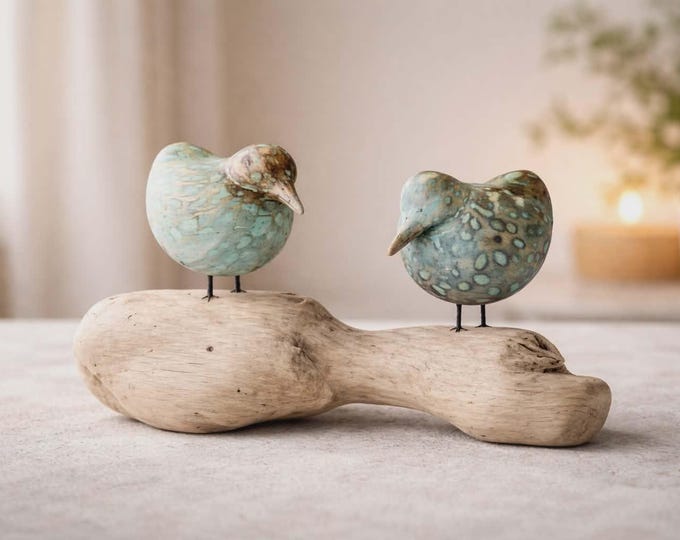 Double Wooden Bird On Natural Root Base