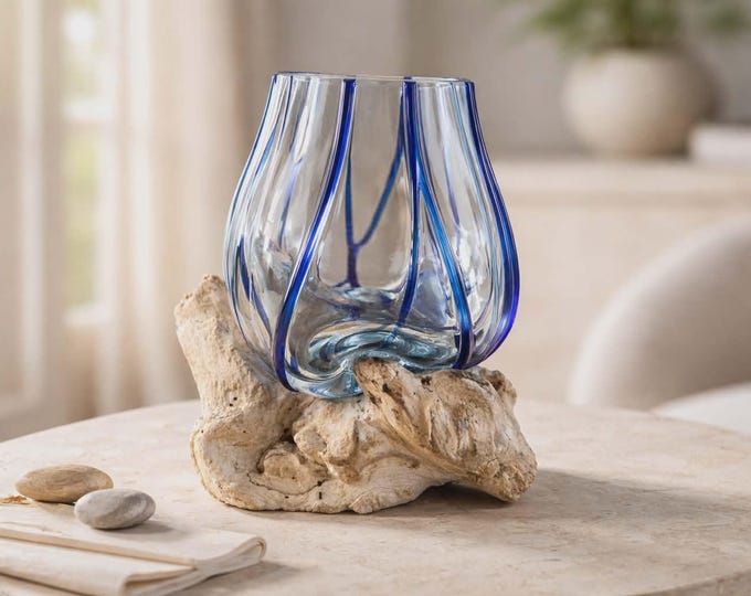 Glass Bowl On Natural Wooden Base - Blue Design