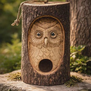 Tree Trunk Face - Bird House - Wise Owl fair trade