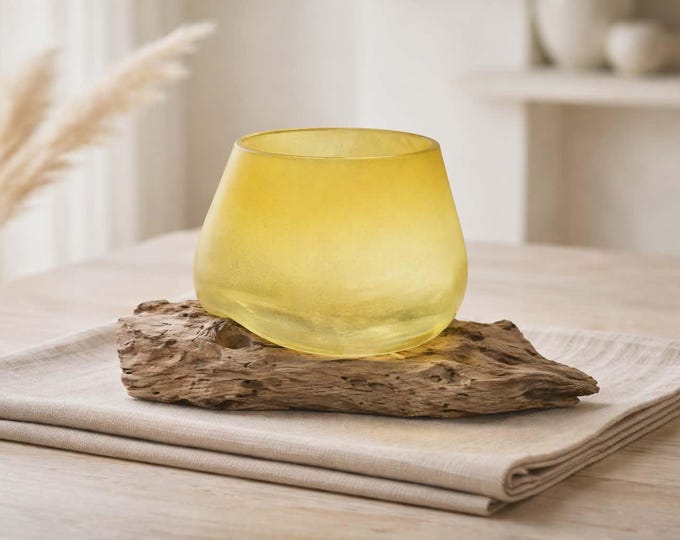 Shaped yellow bowl on wood, recycled glass approx 17-21cm