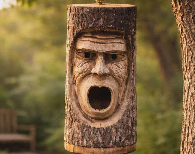 Tree Trunk Face - Bird House - Grumpy Old Man Faire Trade.
