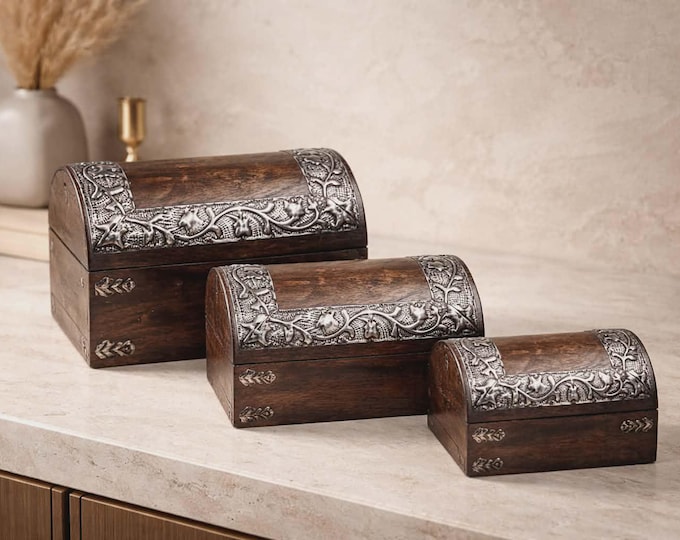 Mango Wood / Metal Flower Design Set/3 Dome Boxes