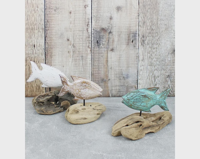 Wooden Fish On Natural Root Base... 3 color choices: blue, beige, white