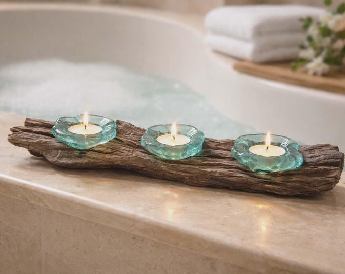 Molten Glass Flat Triple Candle Holder on Wood