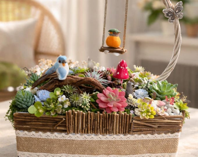 Artificial Succulent Arrangement with Birds on Wood Base, Garden Decor.