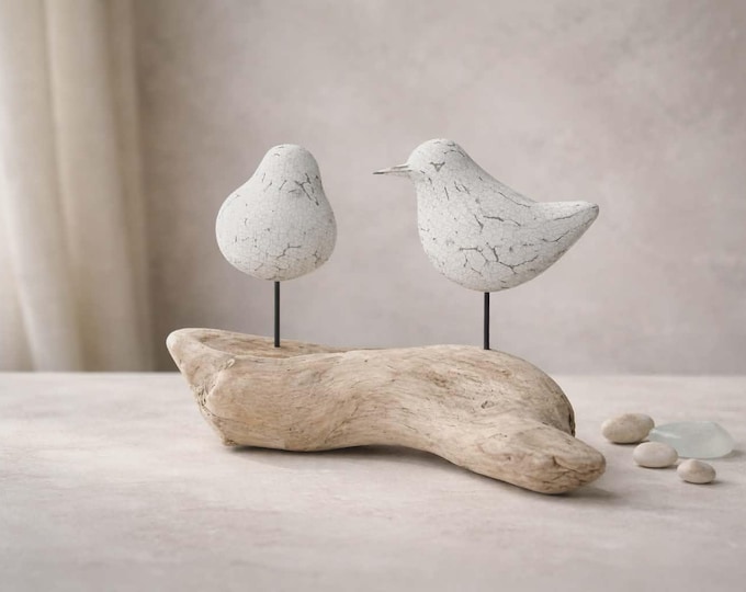 Double Wooden Bird On Natural Root Base, white