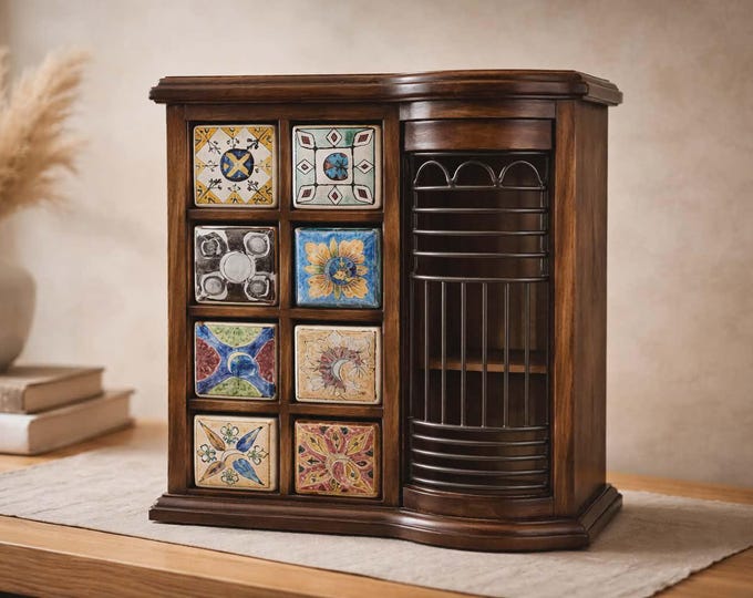 Mini Chest Hand Carved Mango Wood, 6 Ceramic Drawers 3+2+1