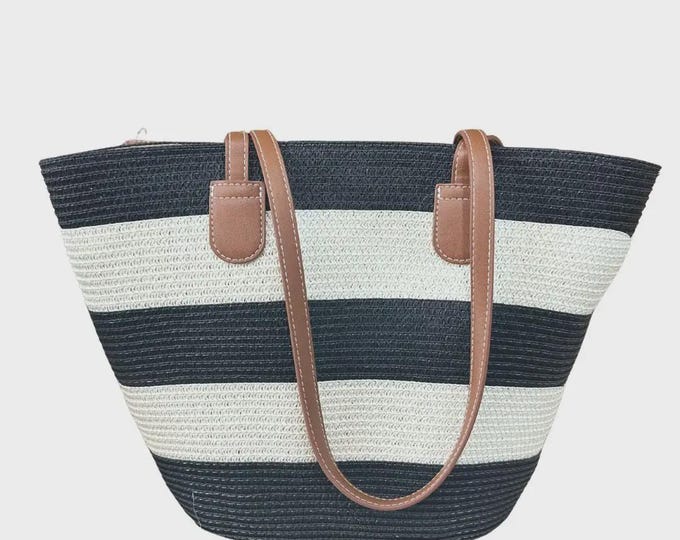 Blue Stripe Women's Straw Stripe Pattern Tote Beach Bag