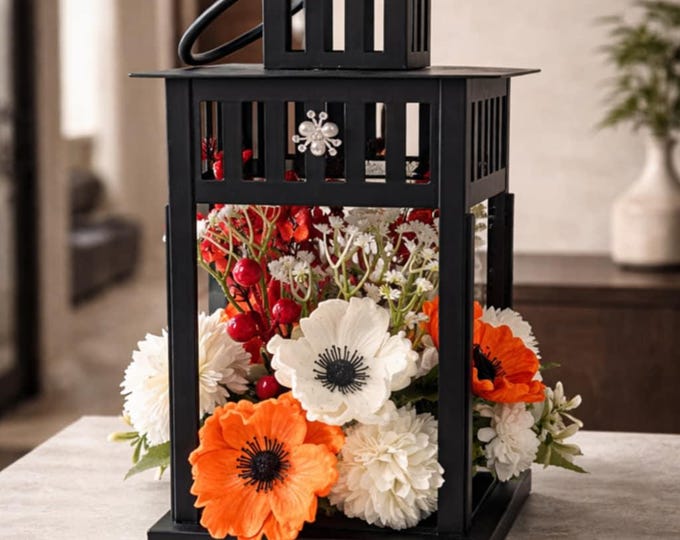 Floral Lantern Arrangement, Red White Flowers, Black Lantern Centerpiece