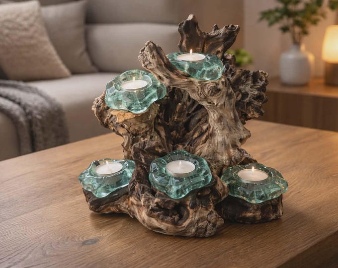 Molten Glass Five Candle Holder on Wood