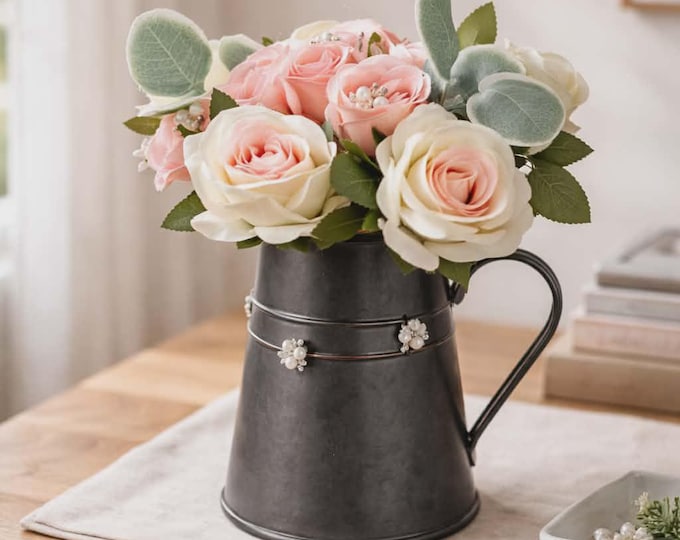 Dark Silver Jug with Pink and Cream Roses, Embellished Floral Arrangement