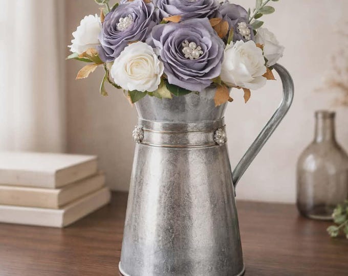 Silver Jug with Cream, Ream, Pink Roses and Bling (40 cm)