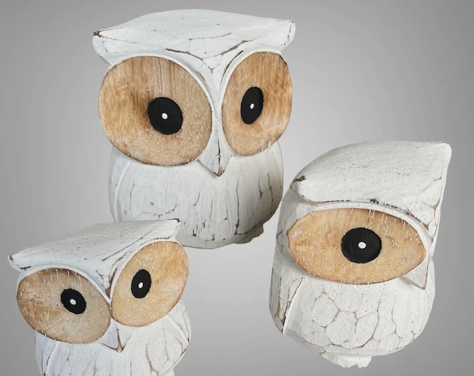 Wooden Painted Carved Owl Set of 3 - Small. from Bali, white