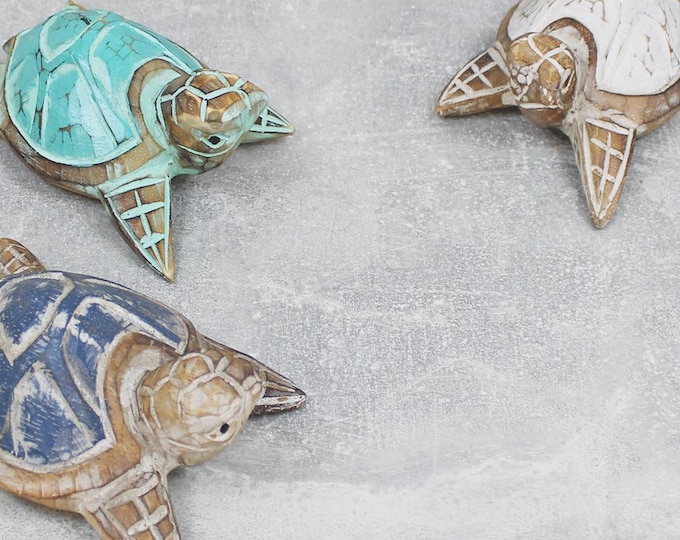 Carved Wooden Turtle, 3 different colors: blue, white, aqua