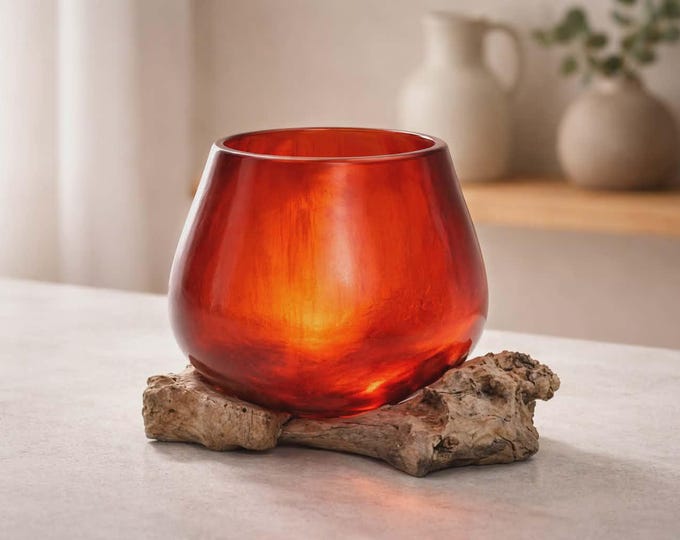 Shaped red bowl on wood,  tea light holder, recycled glass approx 17-21cm  fair trade