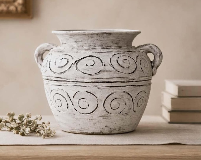 Greek Clay Plant Pot With Handles - Cream 15cm  Fair Trade