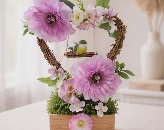 Heart Shaped Artificial Flower Arrangement with Bird, Pink Purple Bling Centerpiece.