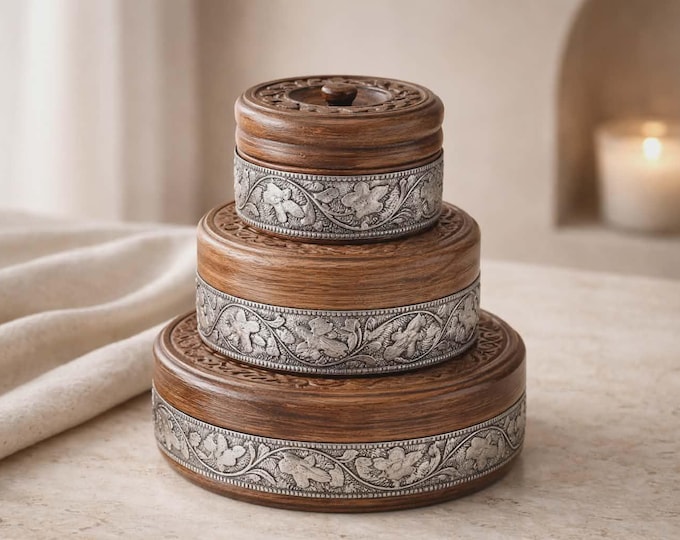 Mango Wood Set of 3 Metal Overlay Round Boxes 22cm