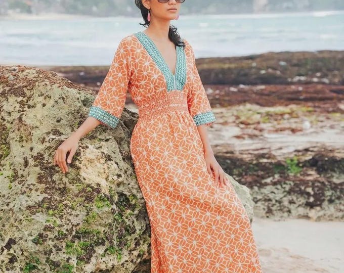 Printed cotton V-neck midi dress FS