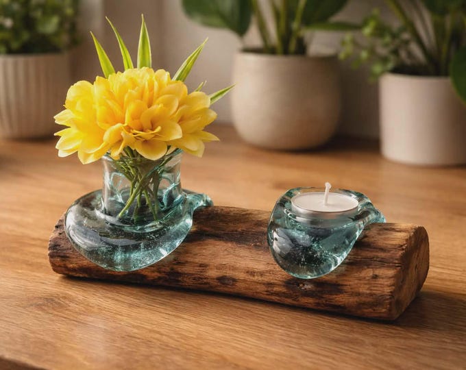 Molten Glass Small Flower Vase with flower and Tealight Holder with tea light on Wood