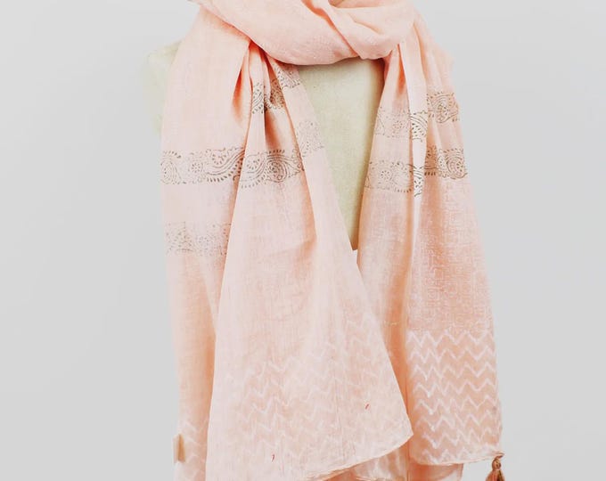 Blocked printed pink and gold cotton scarf  (100 x 180cm)