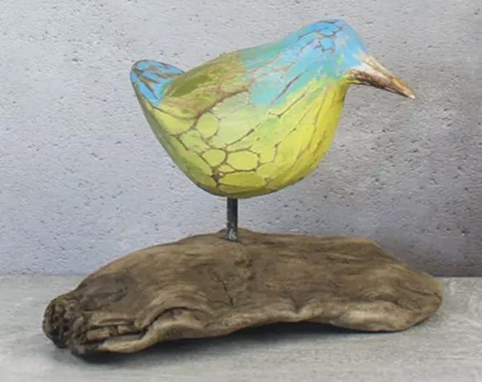 Single Wooden Bird On Natural Root Base, 4 different colors: yellow/blue, yellow/green, white, brown/green