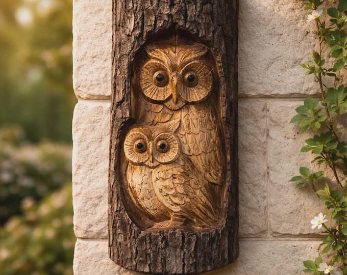 unique Tree Trunk Carvings Of a Owl Family. 26x16x6cm.
