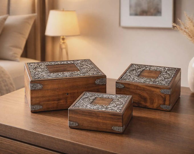 Mango Wood / Metal Flower Design Set/3 Dome Boxes