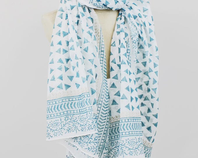 Blocked printed sky blue cotton scarf  (100 x 180cm)
