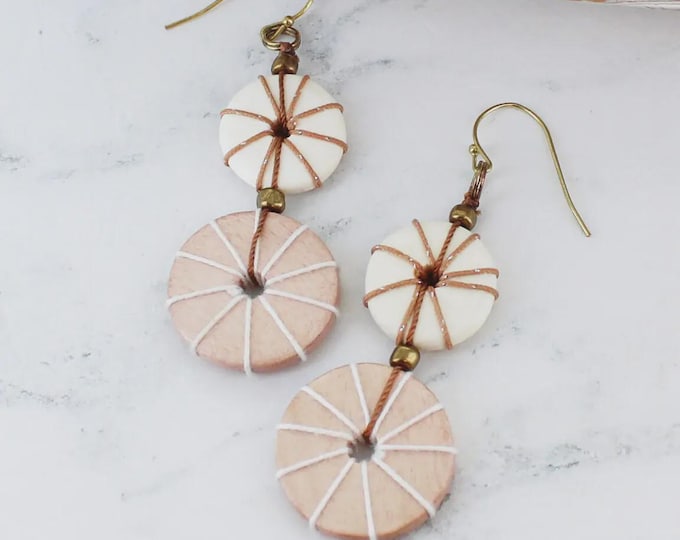 Double wooden disc and thread earrings or set