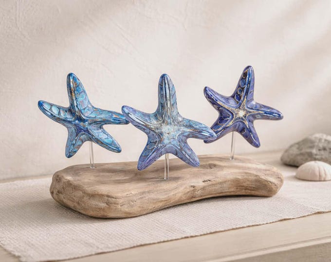 Starfish On Driftwood Stand Triple Carved and Painted.