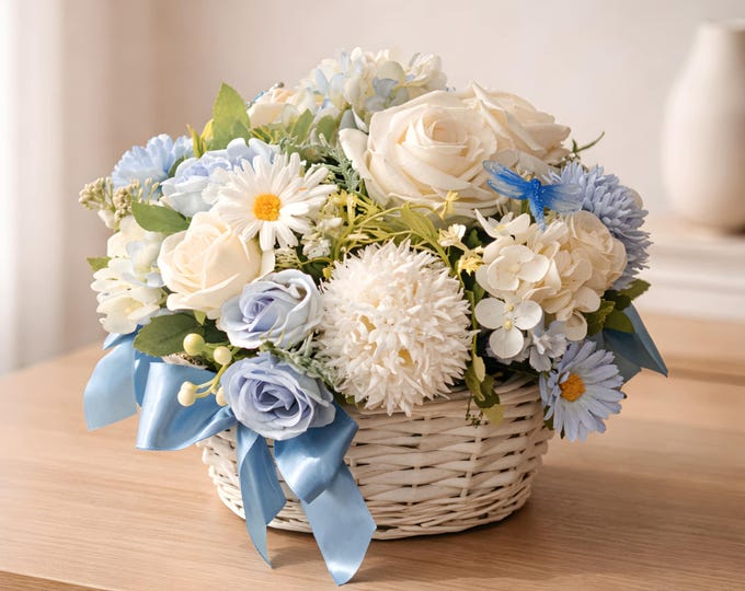 Artificial blue and white flower basket. Mother's Day, It's a boy. Get well soon.